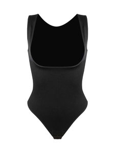 Rear view of black seamless backless shapewear bodysuit with wide straps and ribbed fabric