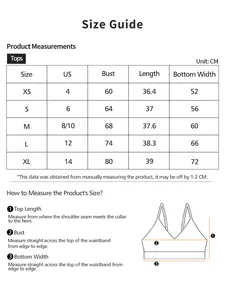 Size chart for women's sports bra showing bust, length, and bottom width in centimeters