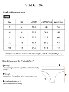Detailed size guide table for women high waist seamless thong showing S to XXL measurements