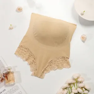 Women High Waist Maternity Panties Seamless Lace Trim Breathable Pregnancy Support Underwear Soft Knitted Briefs Apricot
