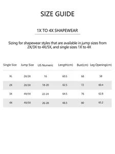 Size chart for seamless shapewear bodysuit with measurements from XL to 4X in centimeters