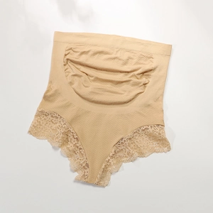 Nude high waist maternity support panty with delicate floral lace trim and elastic fabric