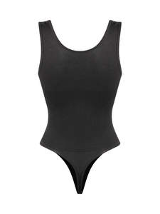 Close-up of black seamless shapewear bodysuit with ribbed tummy control texture