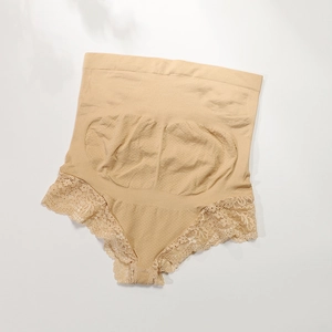 Nude high-waist maternity lace panties with breathable support panel and compression