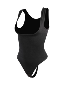 Detail view of black seamless bodysuit with wide straps and tummy control ribbing