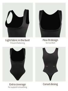 Detailed four-way view showing wide shoulder straps and compression fabric of black shapewear