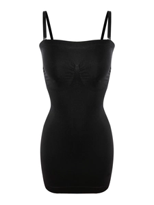 Close-up of gathered chest detail and adjustable straps on black shapewear dress
