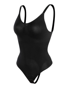 Vue détaillée du body noir sans couture avec contrôle du ventre et fermeture à agrafes