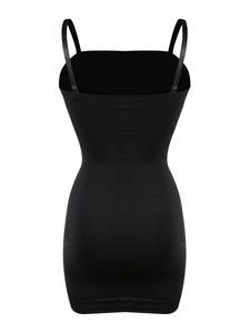 Detail of black seamless shapewear dress with ribbed stretch fabric and thin straps