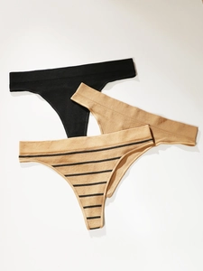 Lot de 3 strings sans couture pour femmes en noir, kaki et motifs à rayures