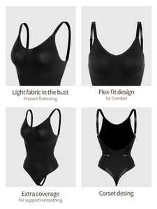 Vues détaillées du body noir sans couture montrant le gainage et le tissu respirant
