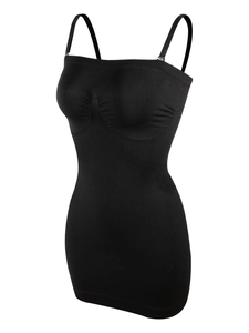 Close-up of the ribbed compression fabric and seamless waist shaping of the black dress
