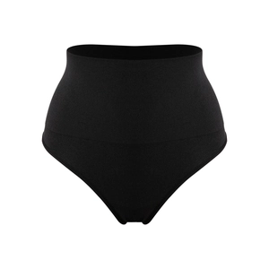 Black high-waisted seamless shaping thong with tummy control compression fabric