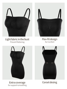 Detail of a seamless black slimming dress with compression fabric and adjustable straps