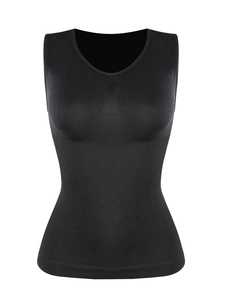 Detail of black seamless shapewear vest with high-elastic compression texture
