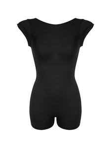 Close-up of black seamless bodysuit featuring cap sleeves and high-stretch breathable fabric