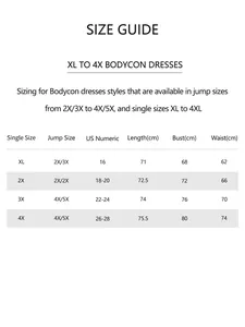 Detailed size guide for plus size V-neck bodycon dresses from XL to 4X with measurements