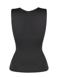 Rear view of black compression tank top with vertical ribbed waist shaping texture