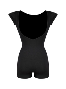 Detail of seamless backless short sleeve bodysuit showing deep V-back cut and matte fabric