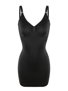 Detail view of seamless V-neck shapewear dress with adjustable straps and ribbed tummy control