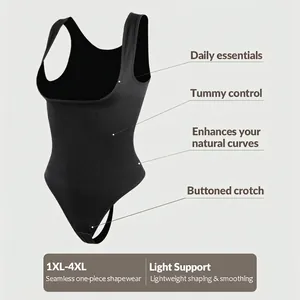 Plus Size Women Seamless Shapewear Bodysuit Tummy Control Wide Straps U-Neck Ribbed Slimming Bodysuit Thong Crotch Black
