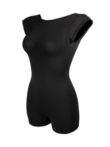 Detail view of seamless backless bodysuit with short sleeves and black shaping fabric