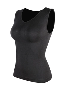 Side view of black seamless compression body shaper vest with breathable stretch fabric