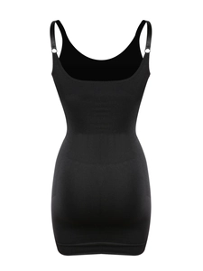 Detailed view of seamless black bodycon shapewear dress with adjustable spaghetti straps