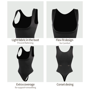 Black seamless shapewear bodysuit with wide straps for tummy control and body sculpting