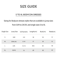 Size chart for seamless bodycon dress with US numeric sizes and cm measurements