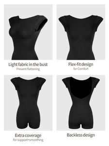 Detail showing backless design and elastic shaping fabric of the black bodysuit