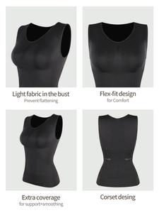 Detailed views of high elasticity black shapewear vest with seamless body sculpting texture