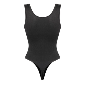 Seamless black bodysuit shapewear for women with wide straps and ribbed tummy control