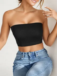 Detail of black seamless tube top with elastic knit fabric and slim fit style