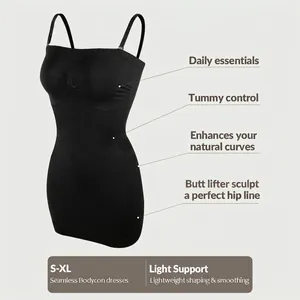 Women Seamless Shapewear Dress Tummy Control Adjustable Straps Slim Fit High Stretch Bodycon Mini Dress For Daily Wear