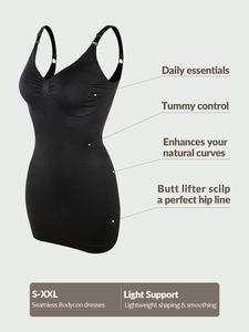 Detail view of seamless black bodycon dress with tummy control and V-neck feature