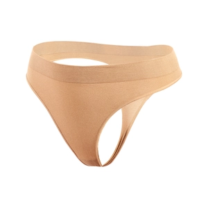 Détail de la taille côtelée sans couture pour string beige pour femmes, confort et stretch