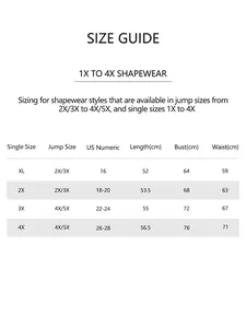 Detailed size chart for plus size shapewear vest ranging from 1X to 4X with measurements