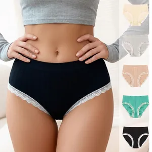 Women Seamless Nylon Lace Trim Panties Mid Waist Ribbed Knitted Breathable Sexy Briefs Lingerie For Daily Lady