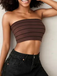 Detail of a brown and black striped strapless bandeau top in ribbed stretch fabric