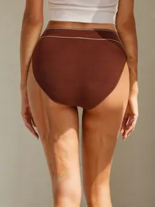 Rear view of brown seamless cotton panties with LOVE lettered athletic waistband