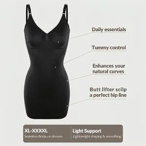 Plus Size Seamless Shapewear Dress Women V-Neck Tummy Control Bodycon Sculpting Dress With Adjustable Straps Full Slips