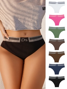 Vertical display of seamless low-rise briefs in seven colors and grey elastic waistband
