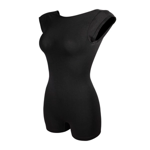 Seamless black shapewear bodysuit with short sleeves and open back for body contouring