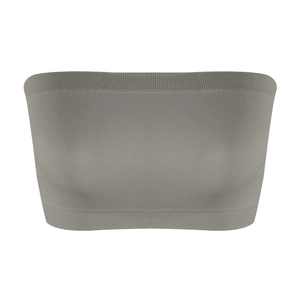 Detailed close-up of seamless ribbed light grey bandeau bra showing elastic fabric texture