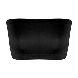 Detail of black seamless tube top showing elastic ribbed texture and non-slip band