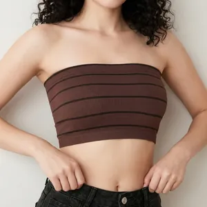 Women Strapless Tube Top Seamless Ribbed Striped Bandeau Bra Slim Fit Cropped Knit Tank Top Casual Daily Wear