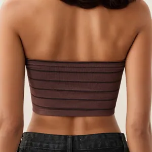 Back view of brown ribbed strapless tube top with thin black stripes in elastic knit