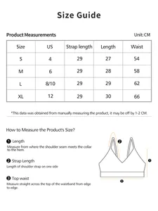 Size guide table for cross back bra top with detailed measurements in centimeters