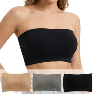Women Strapless Seamless Bandeau Bra Anti Slip Ribbed Tube Top With Removable Pads Nylon Polyamide Top For Daily Wear